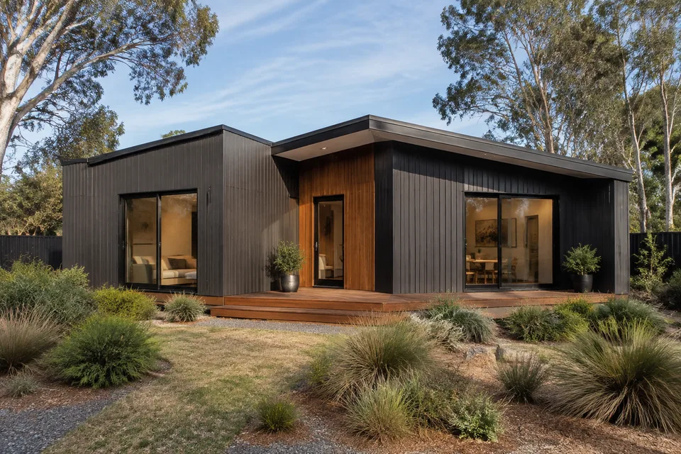 Illustration of a contemporary modular home with charcoal cladding and a timber entrance